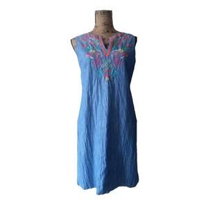 TALBOTS Linen cotton Blend Embroidered Shift Women’s Sleeveless Chambray Dress 6